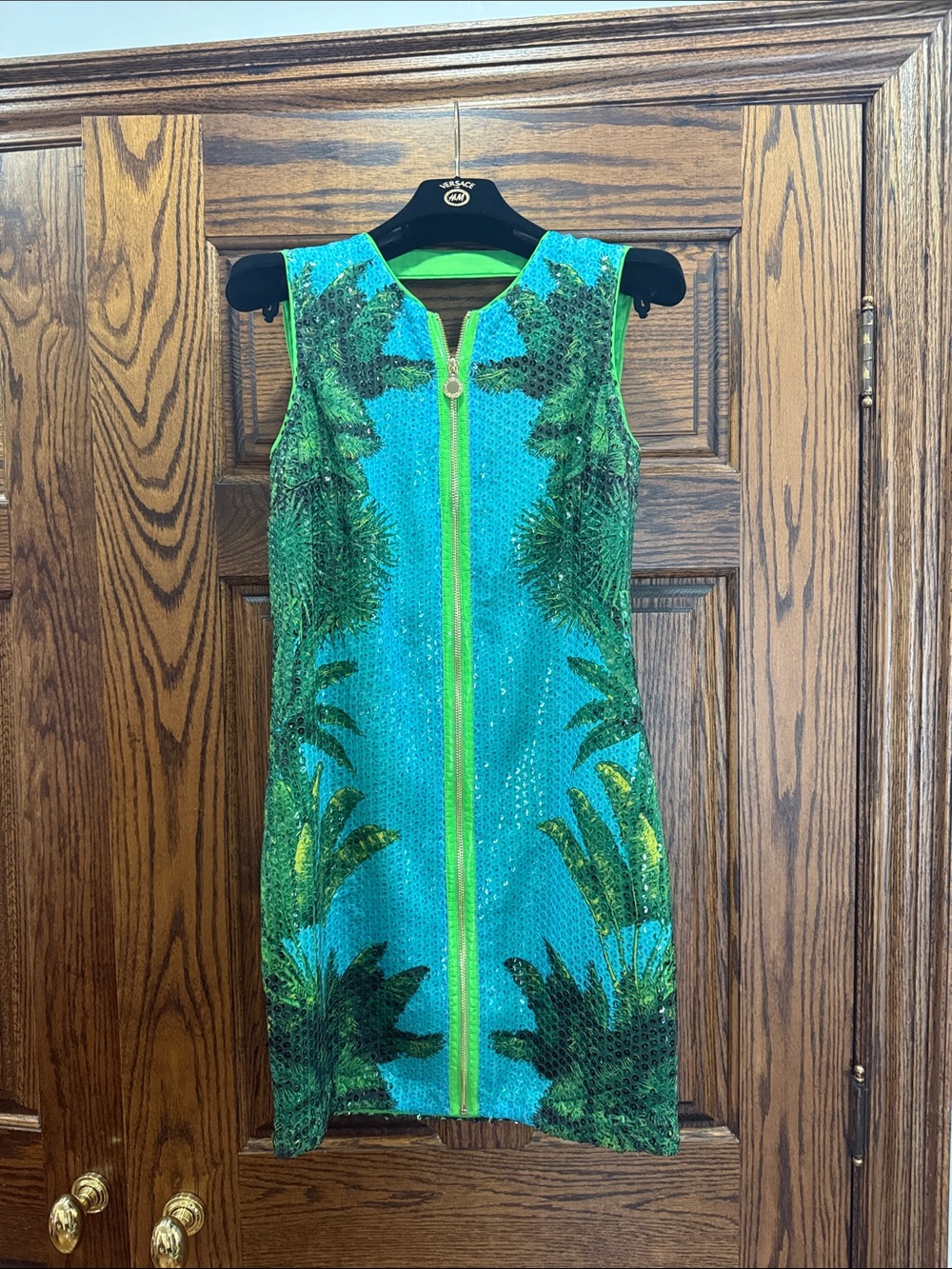 Versace Turquoise and Green Sequin Palm-Print Mini Dress